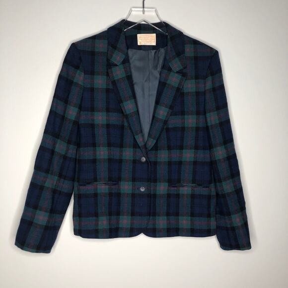Pendleton Tartan Plaid Wool Blazer Vintage Green - Picture 7 of 8